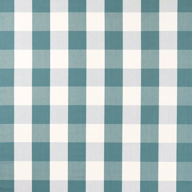 Teal and ivory check fabric swatch with a fine woven texture