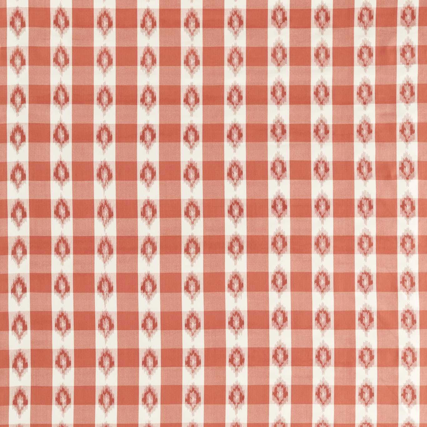 Coral and ivory checked fabric with repeating ikat motif