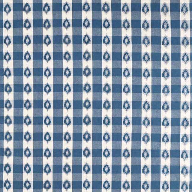 Blue and cream checked fabric with small indigo ikat teardrops