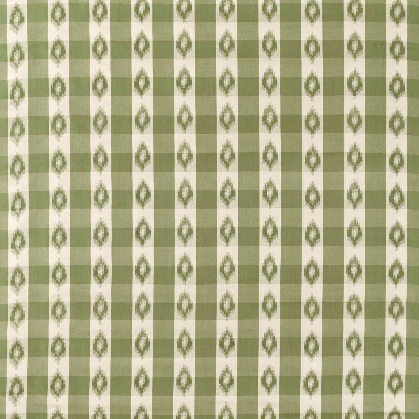 Soft yew green check fabric with small ikat motifs on a cream ground