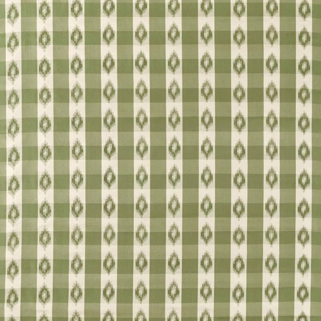 Soft yew green check fabric with small ikat motifs on a cream ground