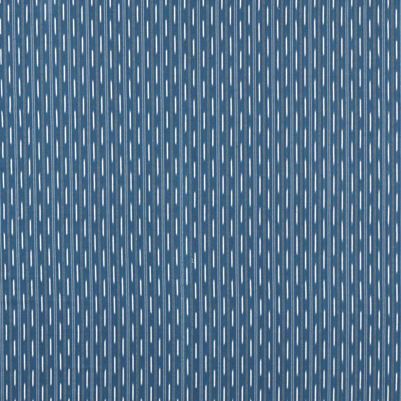 Blue striped fabric swatch with fine off-white vertical dash motif