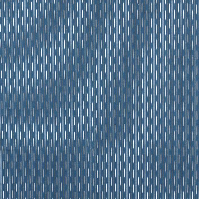 Blue striped fabric swatch with fine off-white vertical dash motif