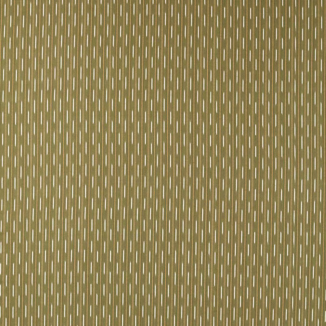 Olive and gold narrow striped fabric with small vertical dash motifs