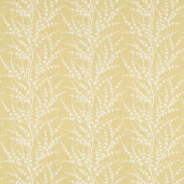 Soft lichen yellow botanical fabric with white trailing leaf stems