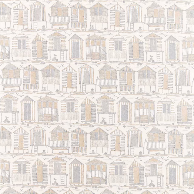 Pale driftwood beach hut repeat fabric with soft beige and grey sketch detail