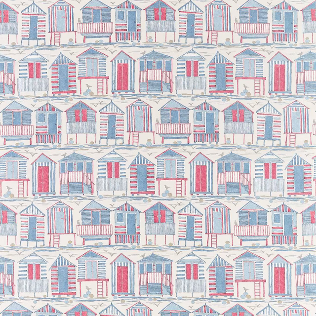 Rows of illustrated beach huts in soft blue and coral on a pale ground