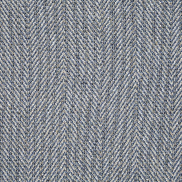 Blue and beige chevron woven fabric with a dense textured surface