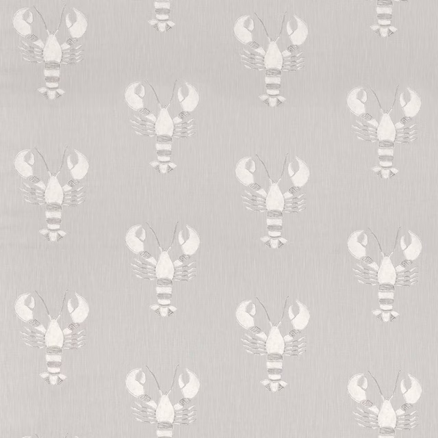 Pale lobster motif fabric on a soft gull-grey woven ground