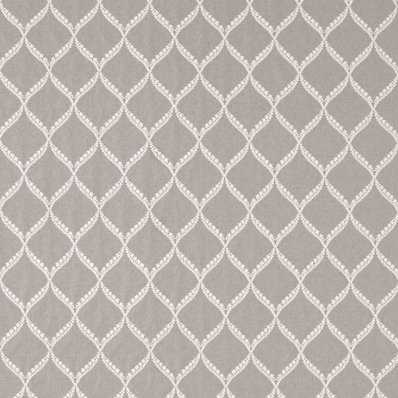 Soft taupe lattice fabric with white leaf-like outlines and linen texture