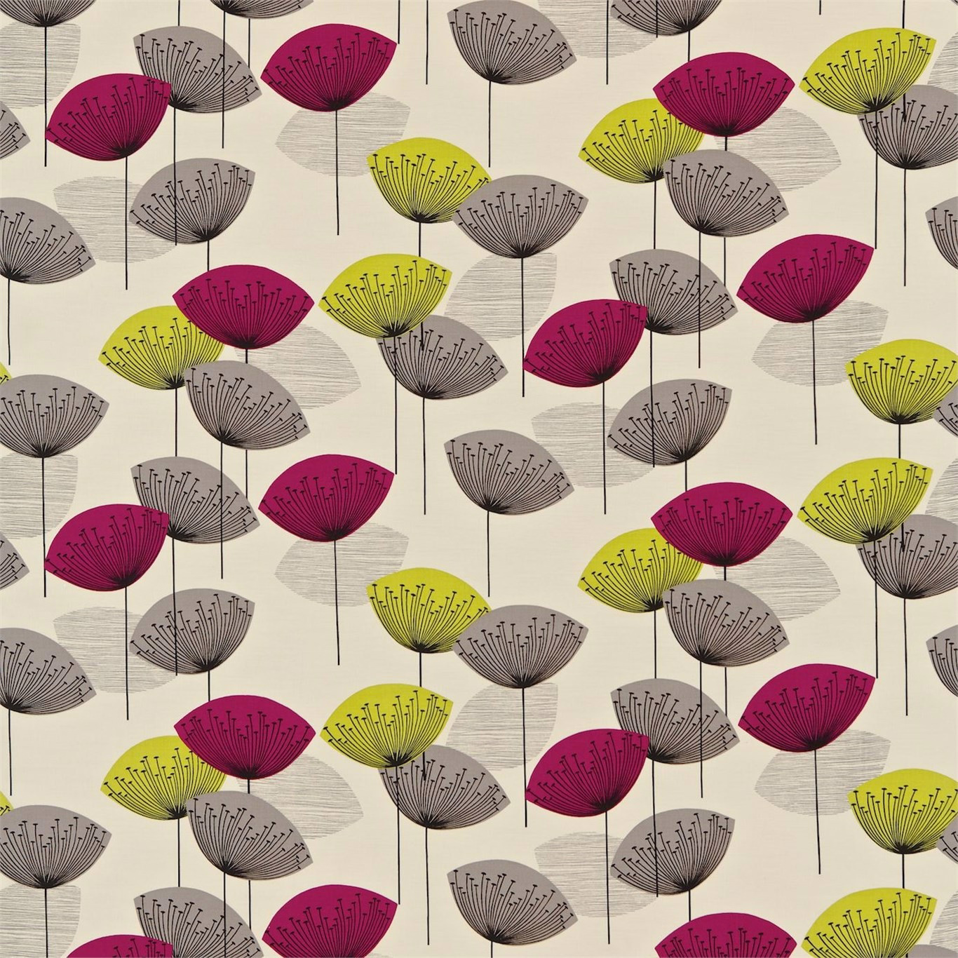 Swatch of dandelion-clocks print in blackcurrant, lime and grey on ivory ground
