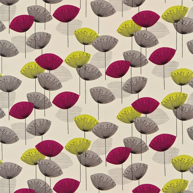Swatch of dandelion-clocks print in blackcurrant, lime and grey on ivory ground