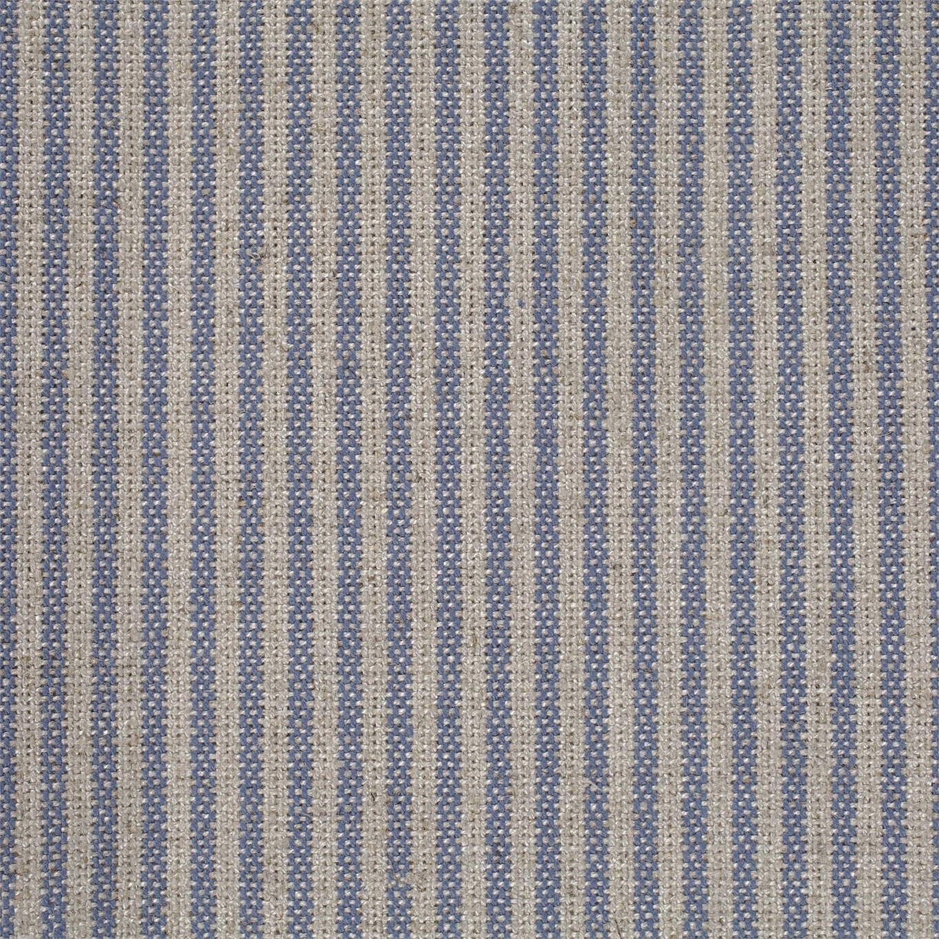 Close-up of a soft dusty blue and oat striped woven fabric