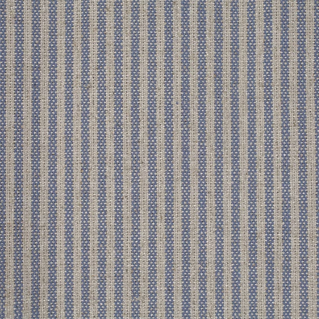 Close-up of a soft dusty blue and oat striped woven fabric