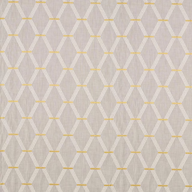 Geometric woven fabric in pale beige with ivory lattice and yellow links