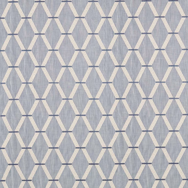Blue-grey geometric fabric with ivory hexagonal trellis pattern