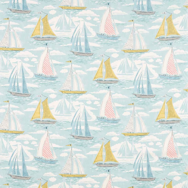 Aqua printed fabric with sailing boats, clouds and pale nautical stripes