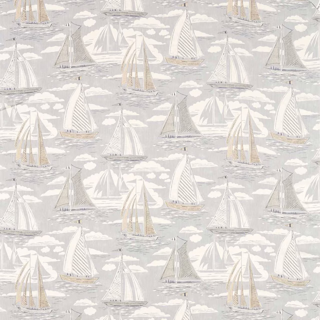 Pale gull-grey sailing boats and clouds printed across a soft woven fabric