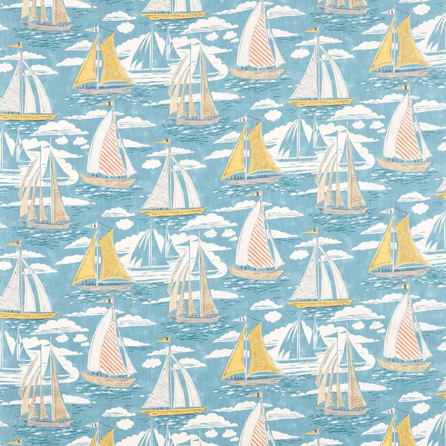 Sky-blue nautical fabric with sailing boats, white clouds and yellow sails