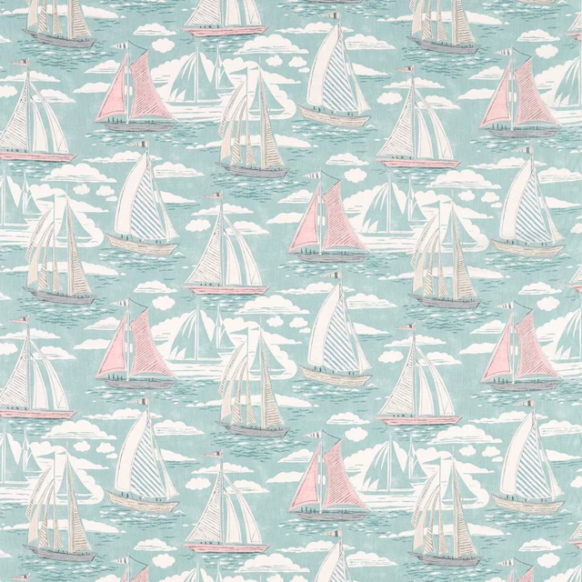 Soft aqua fabric with sailing boats, white clouds and blush pink sails
