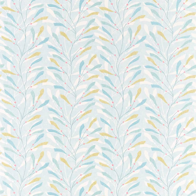 Pale botanical fabric with aqua and lichen leaves, pink dots, and fine trailing stems