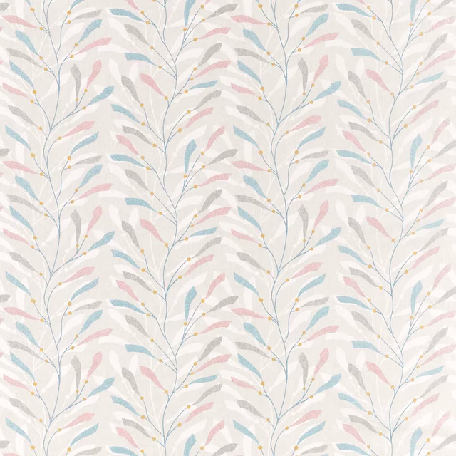 Pale trailing leaf print in blush, stone grey and sea blue on ivory