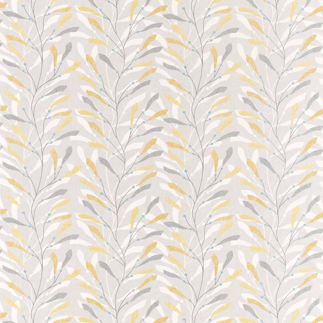 Botanical trail fabric with ochre, slate-grey and turquoise leaves on a pale ground