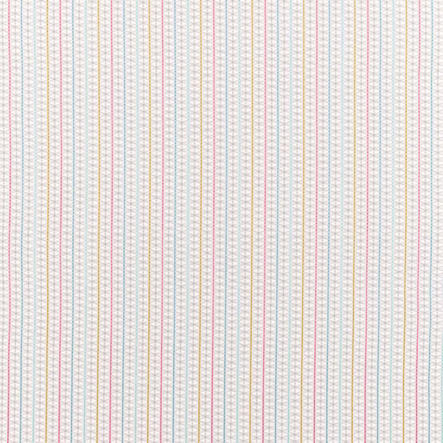 Small vertical woven stripes in coral, lichen, pale blue and ochre on white