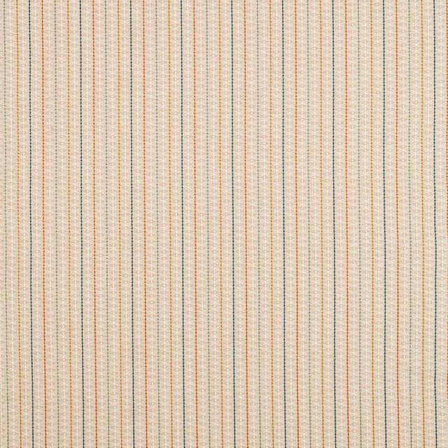 Close-up of fine beige woven stripes with rust, teal and ochre accents