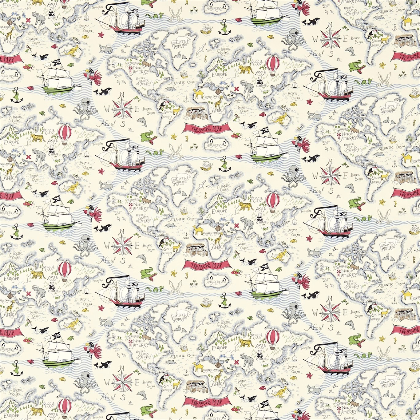 Cream map-print fabric with ships, compasses and illustrated islands