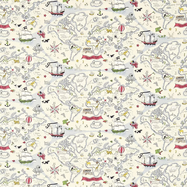 Cream map-print fabric with ships, compasses and illustrated islands