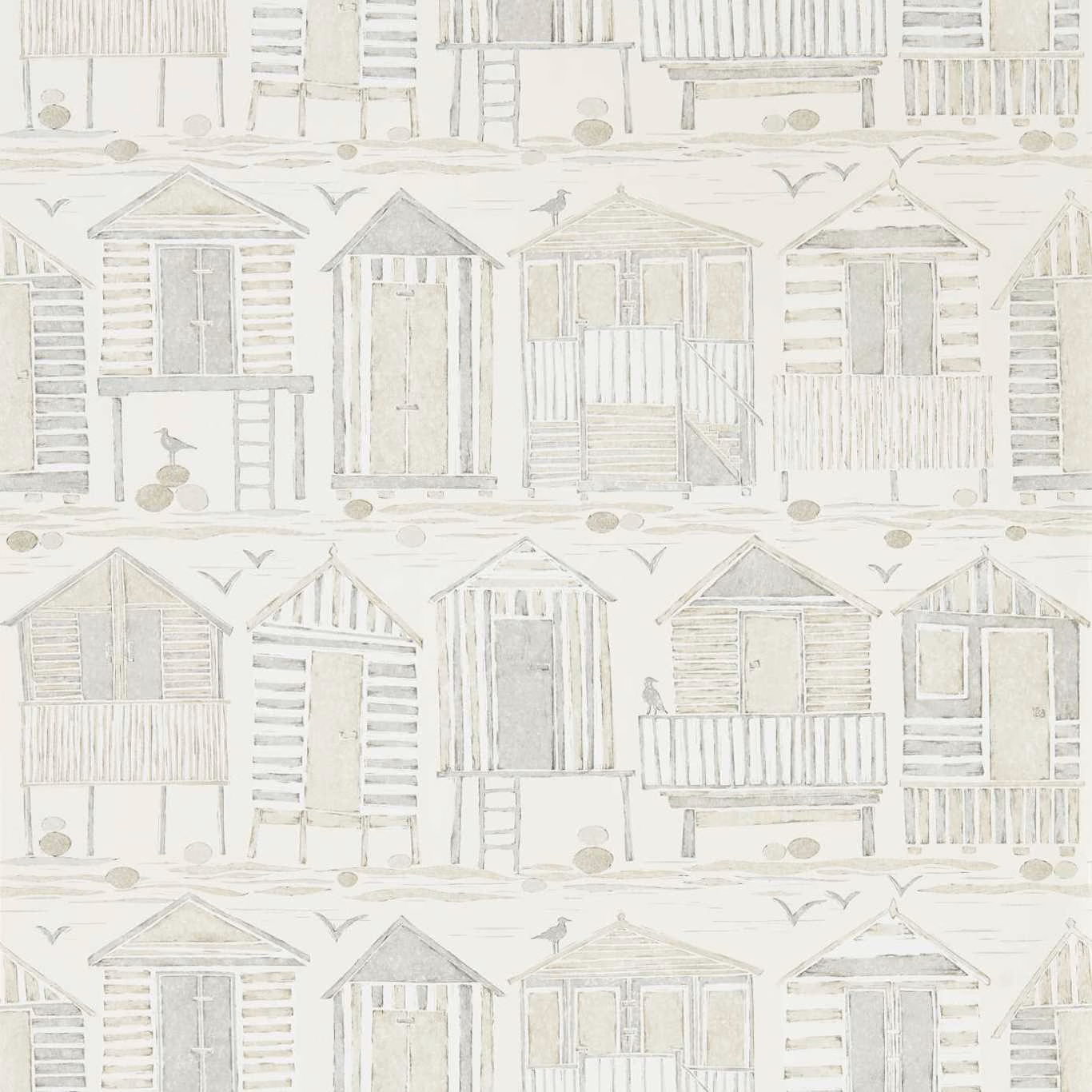 Pale greige beach huts with balconies, birds and fine weathered linework on wallpaper