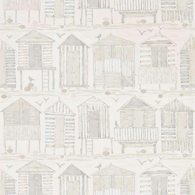 Pale greige beach huts with balconies, birds and fine weathered linework on wallpaper