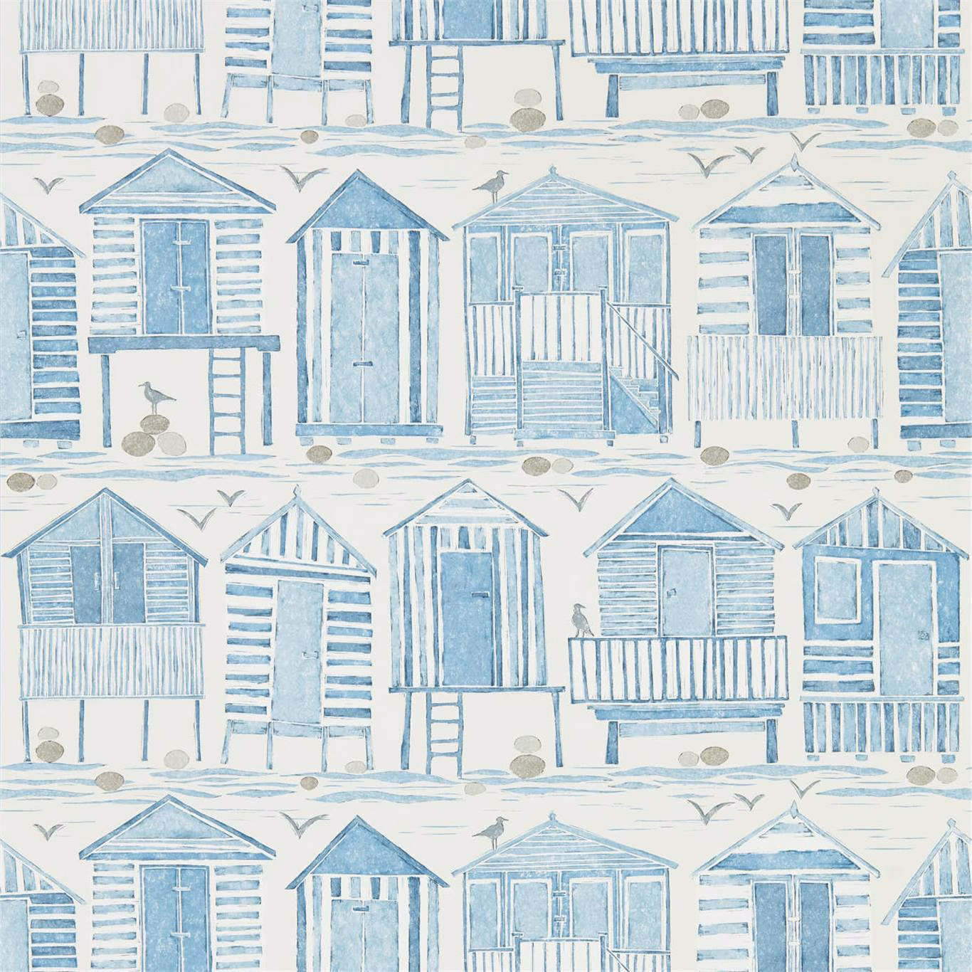 Marine blue beach huts with striped walls, balconies, gulls and shoreline marks on white