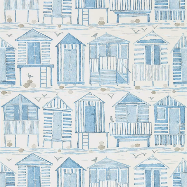 Marine blue beach huts with striped walls, balconies, gulls and shoreline marks on white