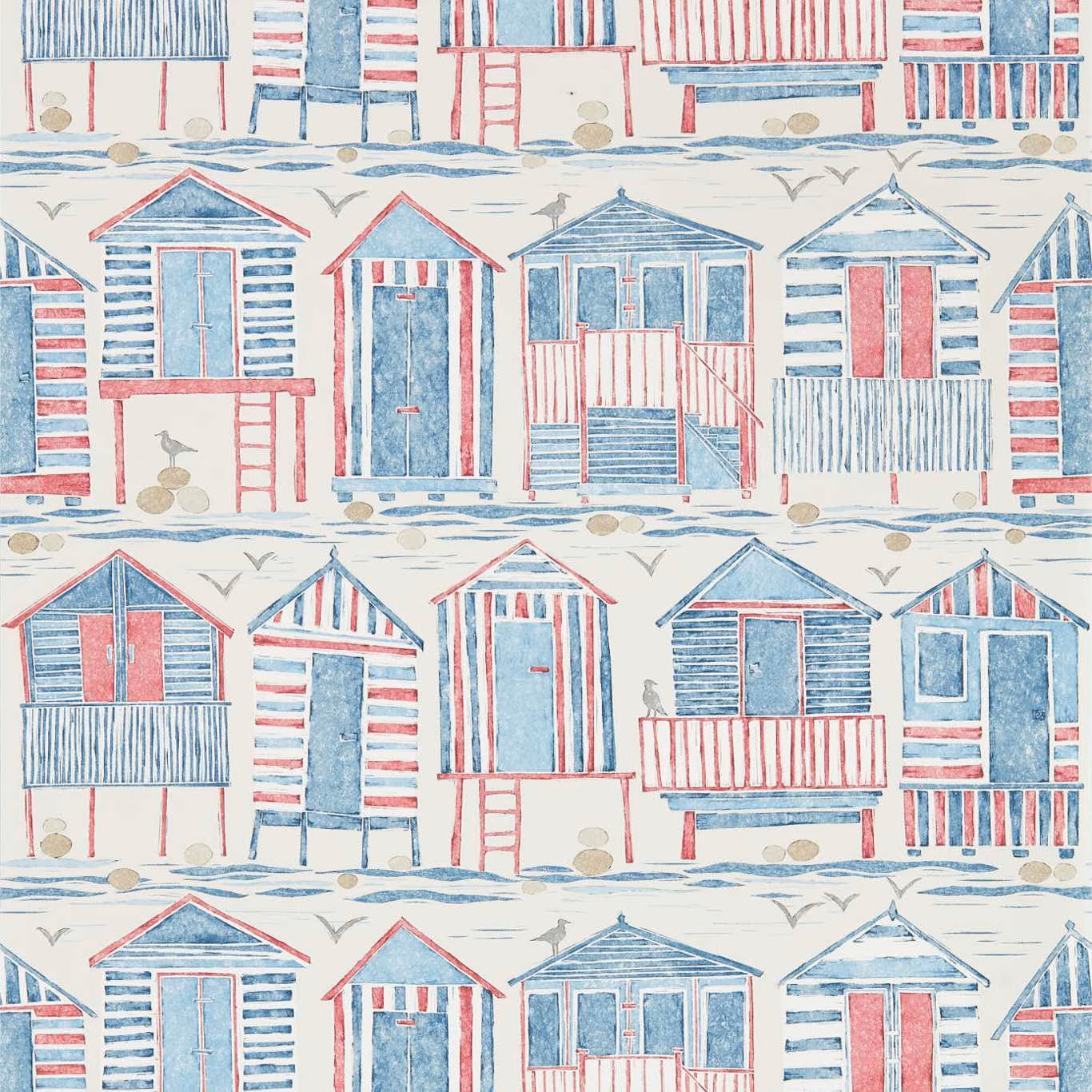 Washed blue and coral beach huts with gulls on a chalky cream ground