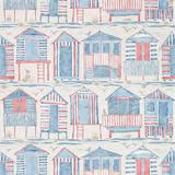 Washed blue and coral beach huts with gulls on a chalky cream ground