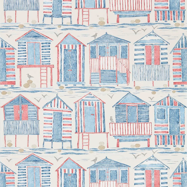 Washed blue and coral beach huts with gulls on a chalky cream ground