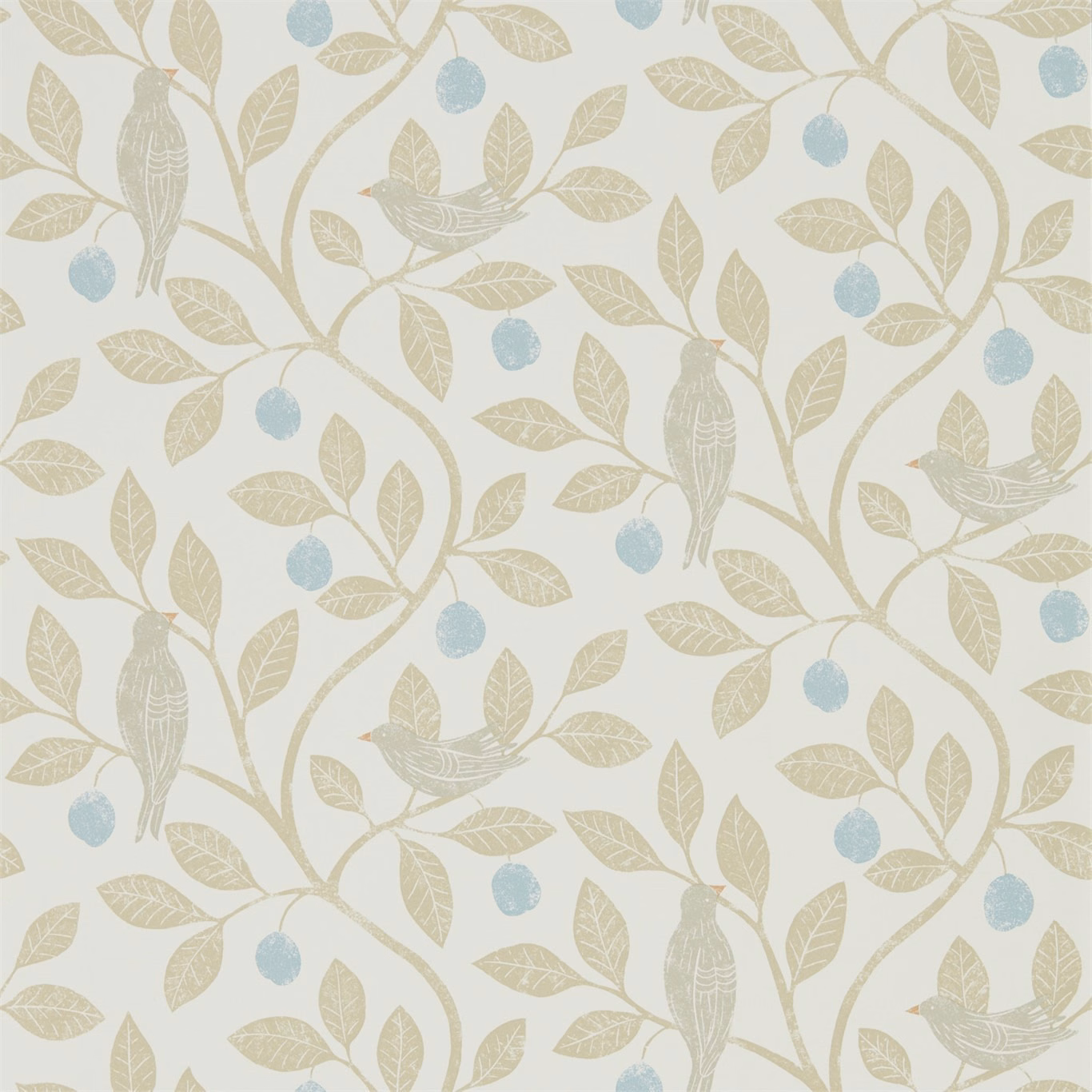 Denim-blue berries and barley leaves with perched birds on a pale wallpaper ground