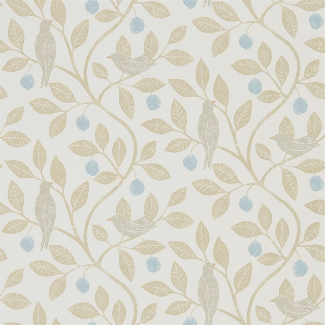 Denim-blue berries and barley leaves with perched birds on a pale wallpaper ground