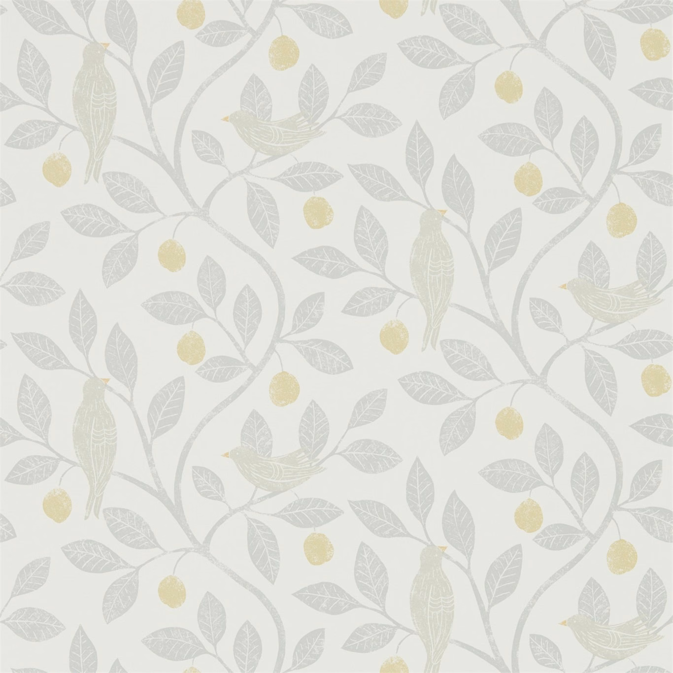 Pale cream wallpaper with mole-grey vines, birds and Dijon-yellow fruit