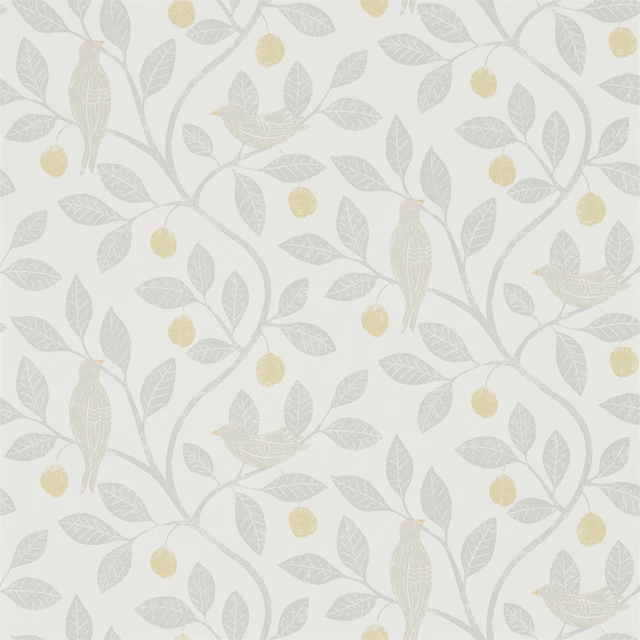 Pale cream wallpaper with mole-grey vines, birds and Dijon-yellow fruit