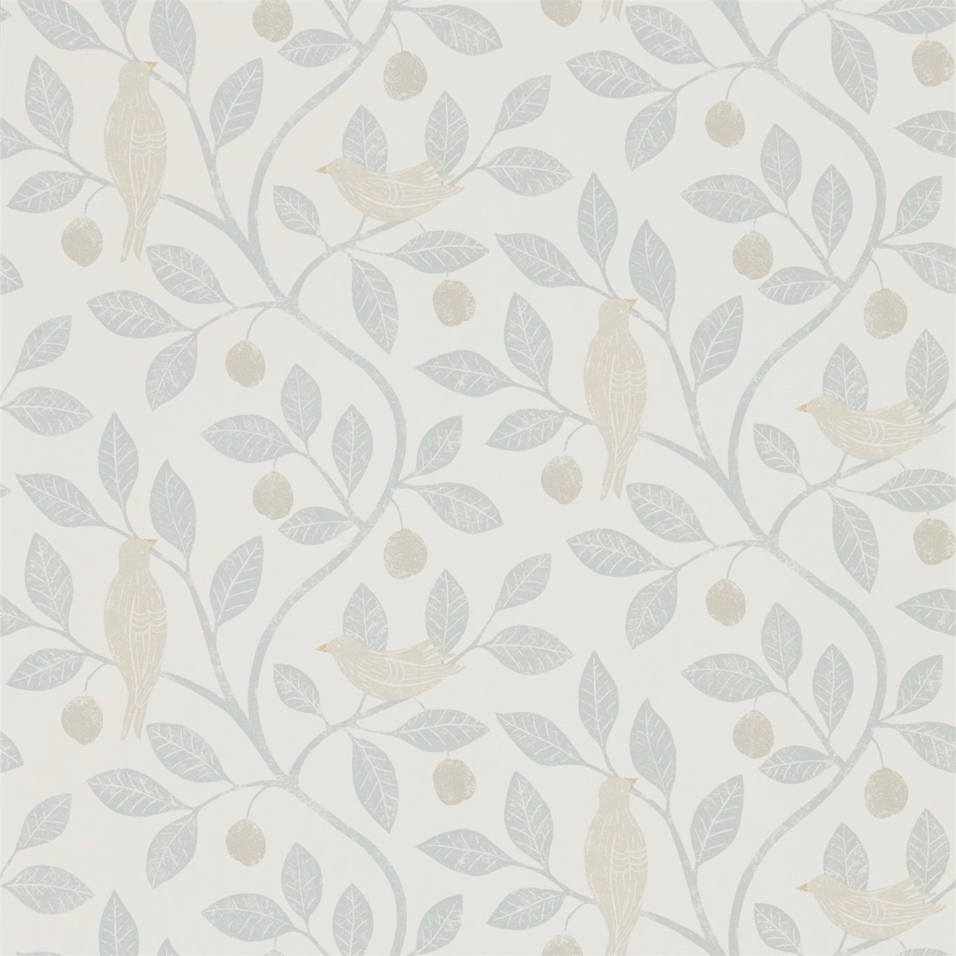 Pale mineral wallpaper with dove-grey vines, leaves, berries and perched birds
