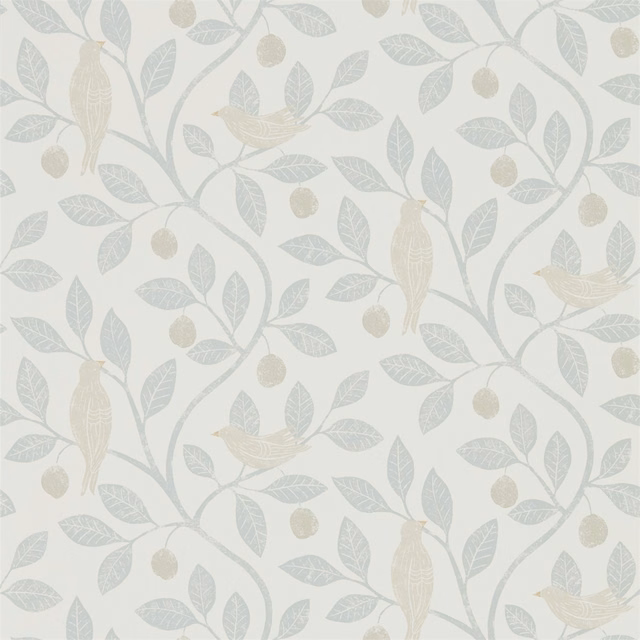 Pale mineral wallpaper with dove-grey vines, leaves, berries and perched birds