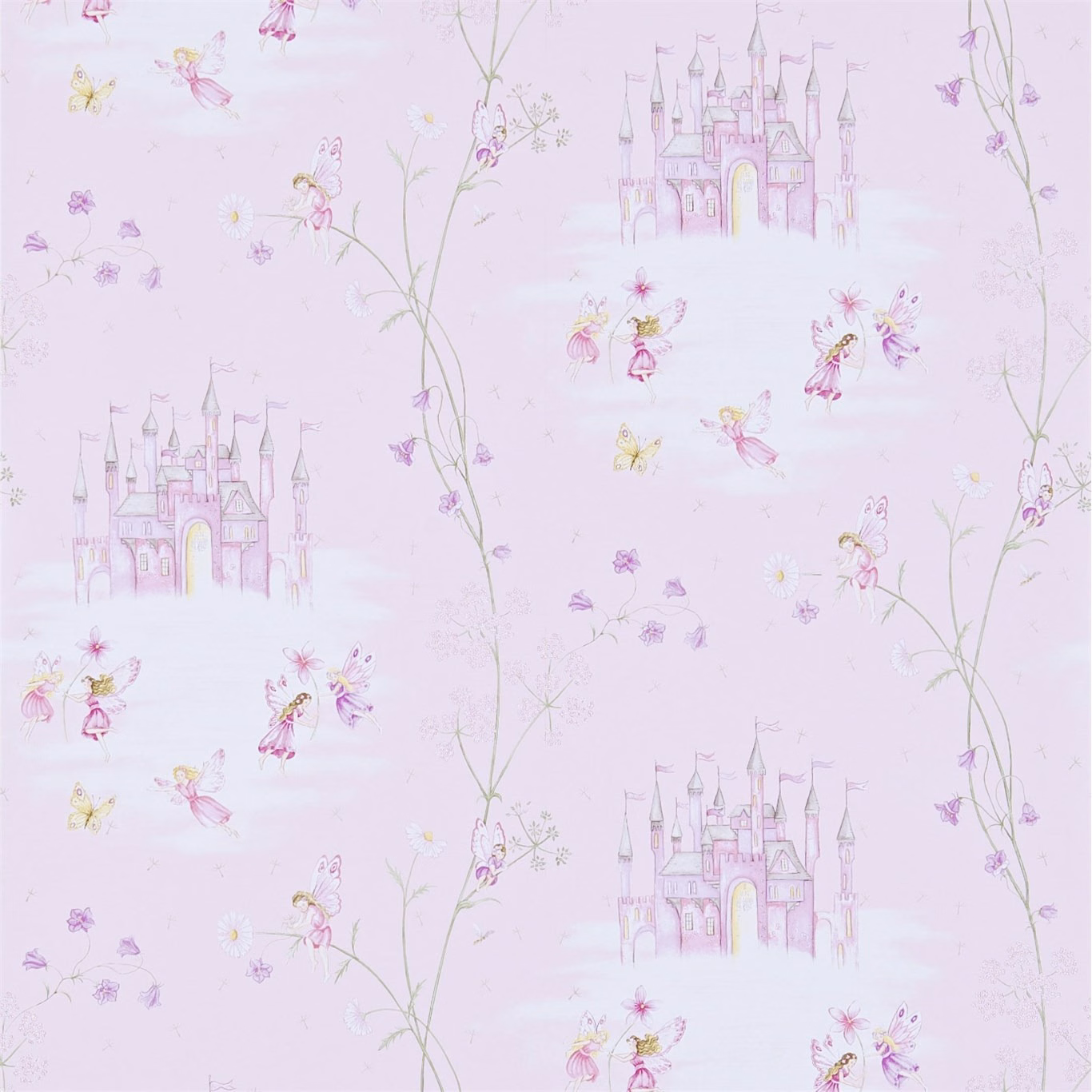 Blush pink wallpaper with fairy castles, tiny flowers and delicate trailing vines
