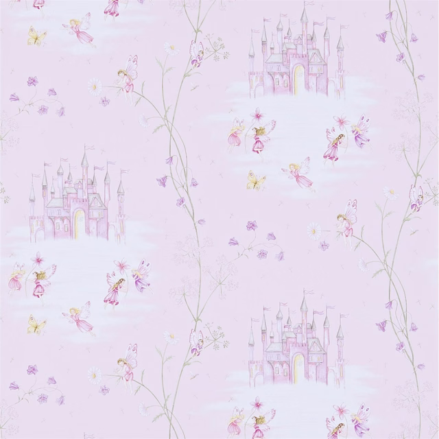 Blush pink wallpaper with fairy castles, tiny flowers and delicate trailing vines
