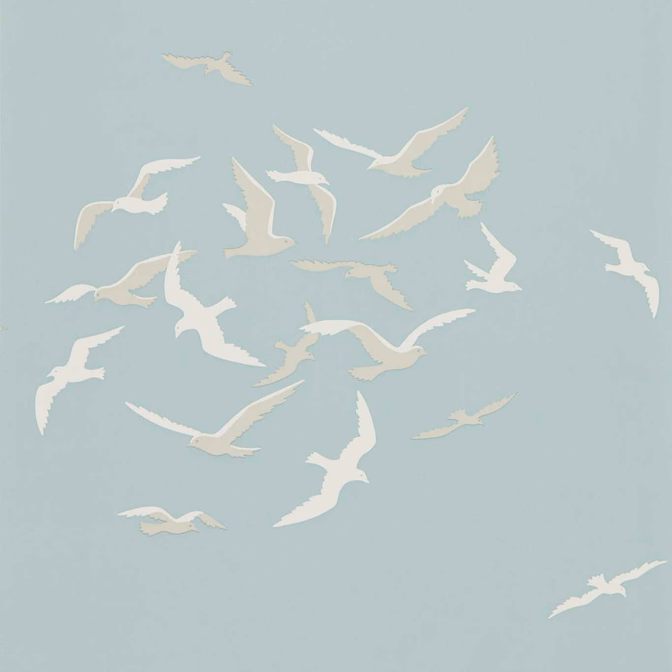 Pale powder-blue wallpaper with scattered cream seagull silhouettes gliding across the surface