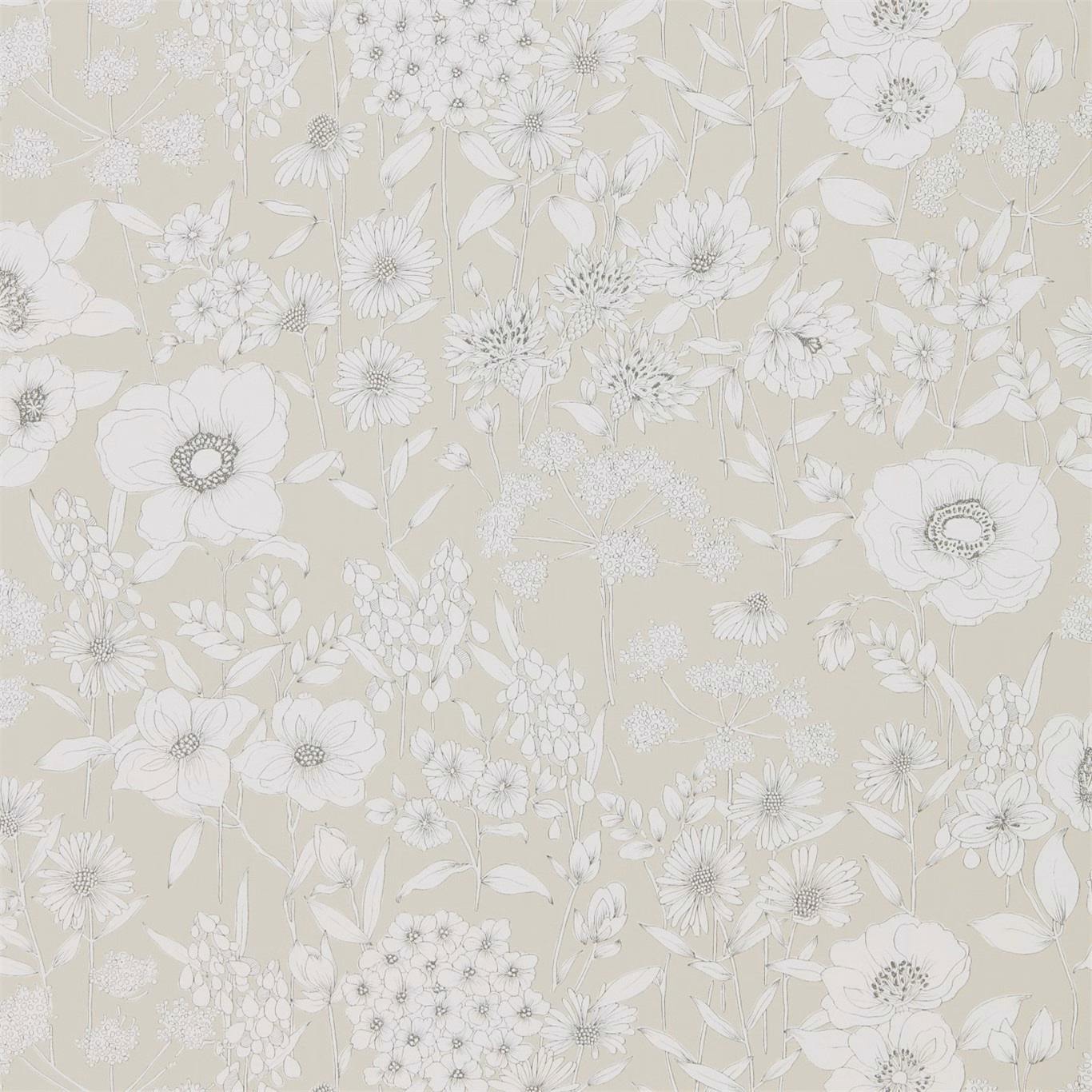 Pale linen-beige wallpaper with white wildflowers and fine botanical linework