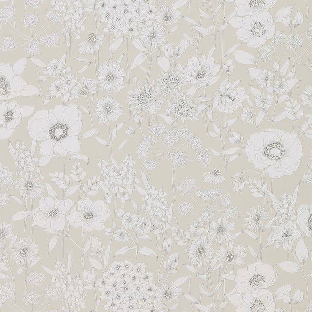 Pale linen-beige wallpaper with white wildflowers and fine botanical linework