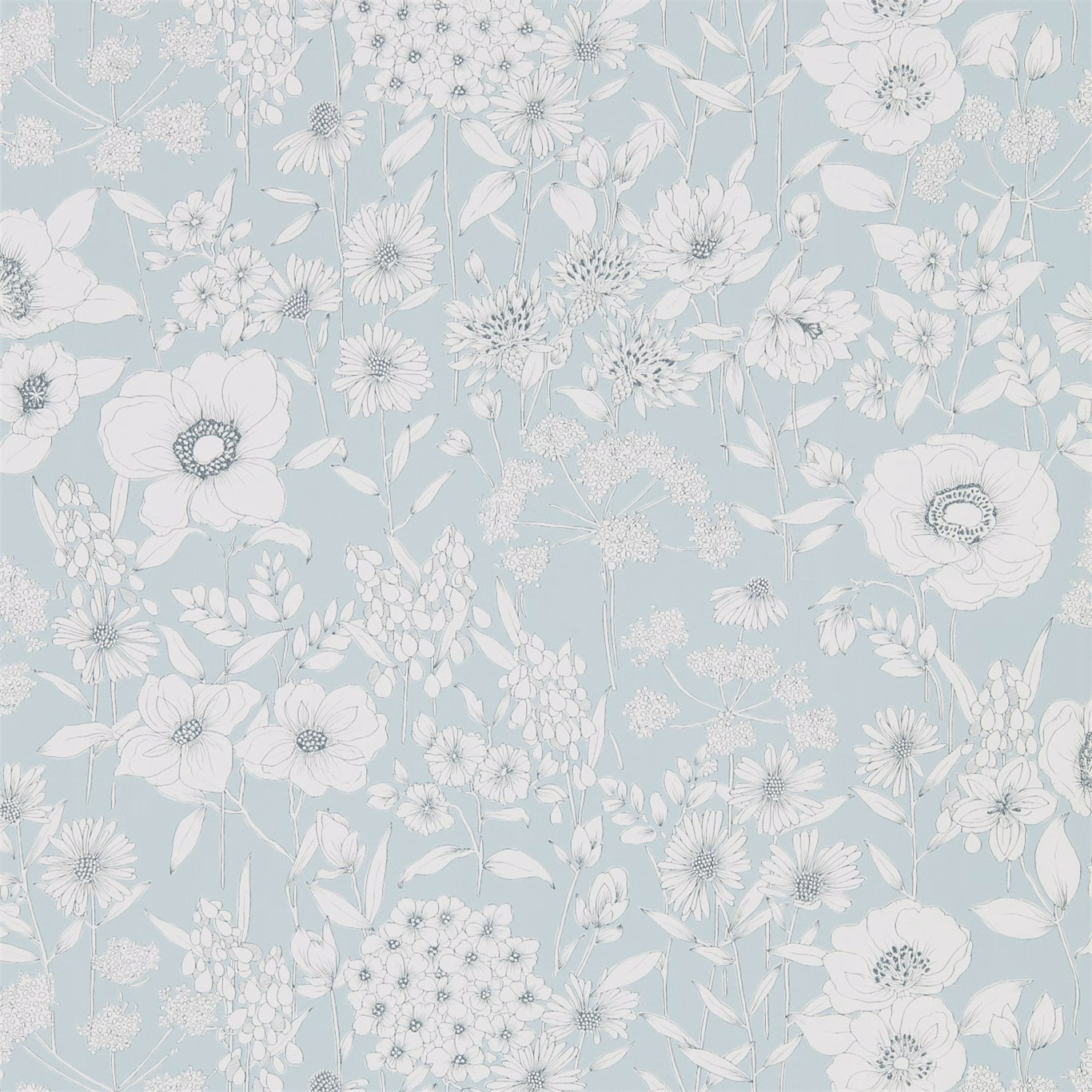 Pale mineral blue wallpaper with white wildflowers, leaves and fine botanical outlines